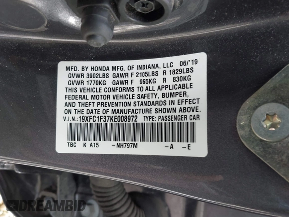 2019 Honda Civic Sedan EX with VIN 19XFC1F37KE008972, listed as a IAAI auction lot 41898785 with 82,784 mi miles. Bid and sale history available at carsss.com. Image 9.