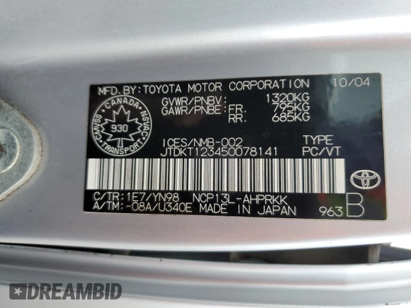 2005 Toyota ECHO z VIN JTDKT123450078141, wystawiony jako Copart lot #57469845 z przebiegiem 366 846 mil mil oraz Czysty tytuł • Clean title. Historia ofert i sprzedaży dostępna na DreamBid. Obrazek 13.