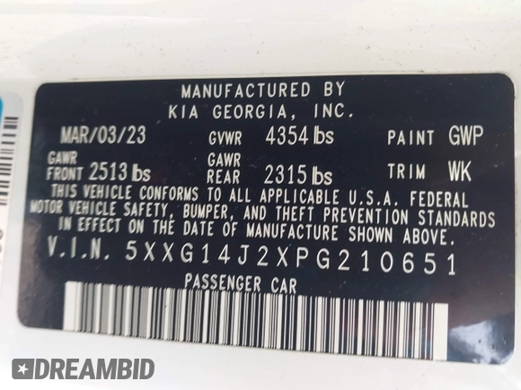 2023 Kia K5 LXS z VIN 5XXG14J2XPG210651, wystawiony jako IAAI lot #42243437 z przebiegiem 37 367 mil mil oraz . Historia ofert i sprzedaży dostępna na DreamBid. Obrazek 9.