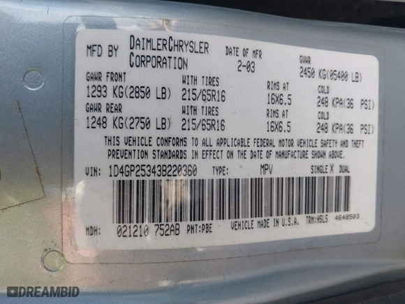 2003 Dodge Caravan SE with VIN 1D4GP25343B220360, listed as a IAAI auction lot 42061840 with 146,041 mi miles. Bid and sale history available at carsss.com. Image 9.