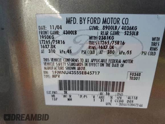 2005 Ford Excursion Limited с VIN 1FMNU43S55EB45717, выставлен на аукционе Copart как лот 47035815 с пробегом 140 723 миль миль и Списание • Salvage title. История ставок и продаж доступна на DreamBid. Изображение 13.