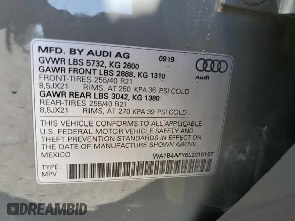 2020 Audi SQ5 Premium Plus with VIN WA1B4AFY6L2015167, listed as a Copart auction lot 52133585 with 27,887 mi miles and Salvage Title. Bid and sale history available at DreamBid. Image 13.