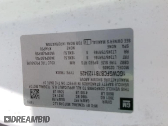 2011 Chevrolet Express Cargo with VIN 1GCWGFCB7B1123426, listed as a IAAI auction lot 42573299 with Not provided miles and . Bid and sale history available at DreamBid. Image 3.