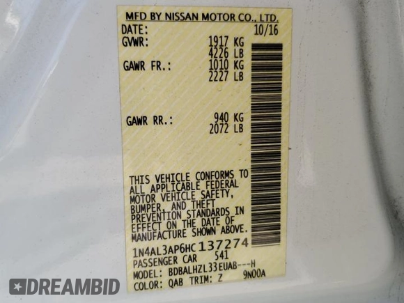 2017 Nissan Altima SR with VIN 1N4AL3AP6HC137274, listed as a Copart auction lot 54672995 with 72,299 mi miles and Salvage title. Bid and sale history available at DreamBid. Image 12.