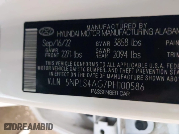 2023 Hyundai Elantra SEL with VIN 5NPLS4AG7PH100586, listed as a IAAI auction lot 42166088 with Not provided miles and . Bid and sale history available at DreamBid. Image 9.