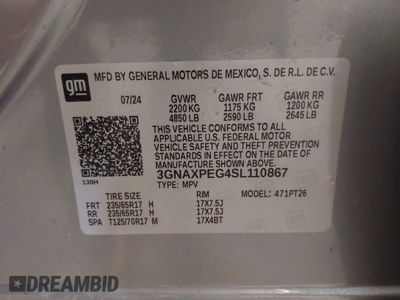 2025 Chevrolet Equinox AWD LT with VIN 3GNAXPEG4SL110867, listed as a IAAI auction lot 41889436 with 1,632 mi miles. Bid and sale history available at carsss.com. Image 9.