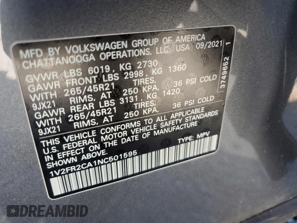 2022 Volkswagen Atlas SEL Premium R-Line with VIN 1V2FR2CA1NC501595, listed as a Copart auction lot 47357345 with 47,354 mi miles and Salvage title. Bid and sale history available at DreamBid. Image 15.