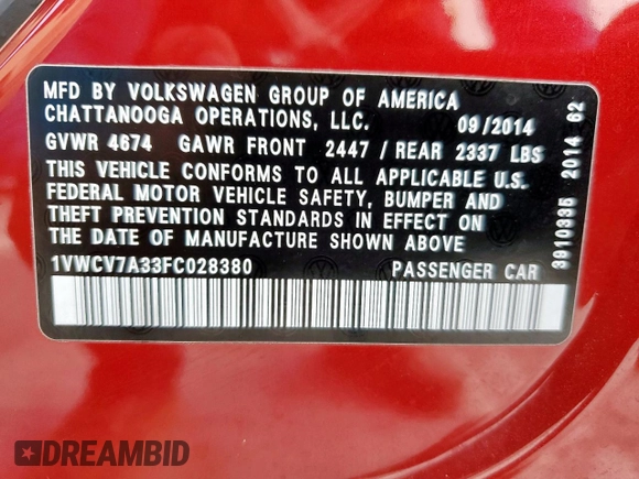 2015 Volkswagen Passat SEL Premium z VIN 1VWCV7A33FC028380, wystawiony jako Copart lot #59144665 z przebiegiem 165 740 mil mil oraz Czysty tytuł • Clean title. Historia ofert i sprzedaży dostępna na DreamBid. Obrazek 12.