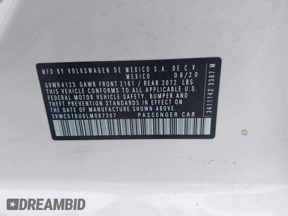 2020 Volkswagen Jetta S with VIN 3VWC57BU0LM087307, listed as a IAAI auction lot 42647995 with 58,628 mi miles and . Bid and sale history available at DreamBid. Image 9.