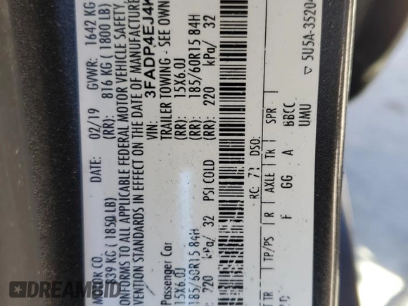 2019 Ford Fiesta SE with VIN 3FADP4EJ4KM130875, listed as a Copart auction lot 50046635 with 38,100 mi miles and Non Repairable. Bid and sale history available at DreamBid. Image 12.