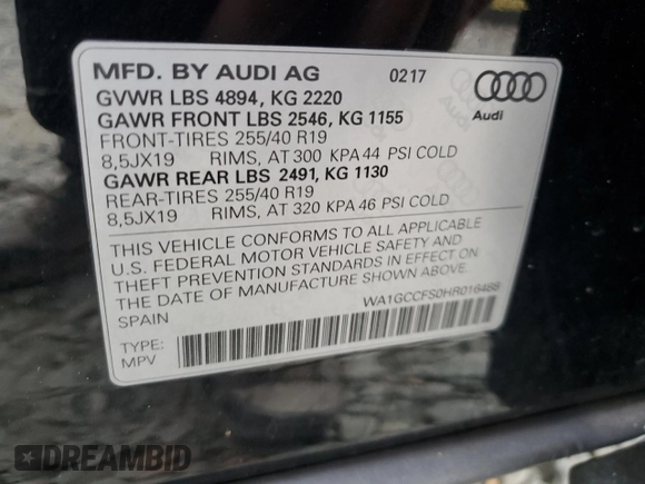 2017 Audi Q3 Prestige with VIN WA1GCCFS0HR016488, listed as a Copart auction lot 78816884 with 122,223 mi miles and Salvage Title. Bid and sale history available at carsss.com. Image 13.
