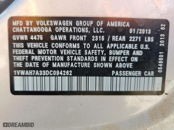 2013 Volkswagen Passat S w/Appearance with VIN 1VWAH7A33DC094262, listed as a Copart auction lot 49804995 with 268,129 mi miles and Salvage Title. Bid and sale history available at carsss.com. Image 15.