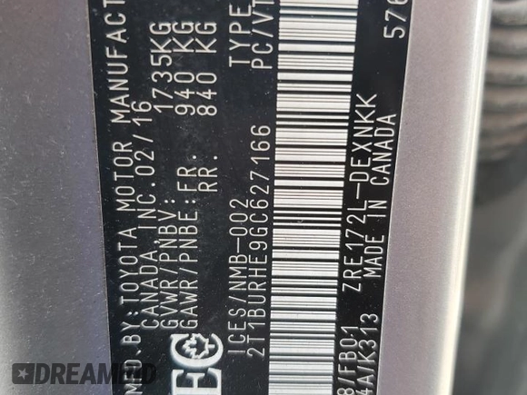 2016 Toyota Corolla L with VIN 2T1BURHE9GC627166, listed as a Copart auction lot 59923255 with 147,409 mi miles and Salvage title. Bid and sale history available at DreamBid. Image 12.