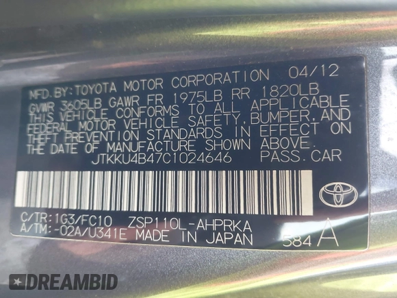 2012 Scion xD with VIN JTKKU4B47C1024646, listed as a IAAI auction lot 41652309 with 166,188 mi miles and . Bid and sale history available at DreamBid. Image 9.