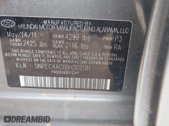 2011 Hyundai Sonata SE with VIN 5NPEC4AC0BH302181, listed as a IAAI auction lot 41945272 with 258,242 mi miles. Bid and sale history available at carsss.com. Image 9.