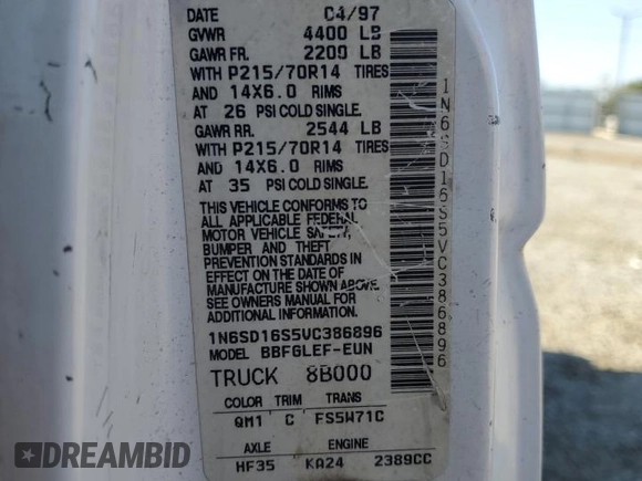 1997 Nissan Frontier XE with VIN 1N6SD16S5VC386896, listed as a Copart auction lot 57669835 with 343,173 mi miles and Salvage title. Bid and sale history available at DreamBid. Image 12.