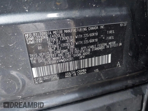 2021 Toyota RAV4 Hybrid XSE with VIN 2T3E6RFV4MW004081, listed as a IAAI auction lot 42300195 with 63,238 mi miles and . Bid and sale history available at DreamBid. Image 9.