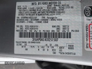 2012 Ford Fusion SPORT with VIN 3FAHP0KC4CR251507, listed as a IAAI auction lot 41592028 with 56,055 mi miles. Bid and sale history available at carsss.com. Image 9.