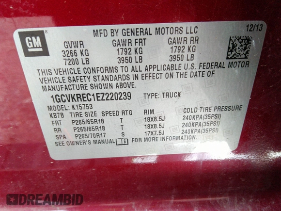 2014 Chevrolet Silverado 1500 LT with VIN 1GCVKREC1EZ220239, listed as a IAAI auction lot 37138278 with 86,715 mi miles and . Bid and sale history available at DreamBid. Image 9.