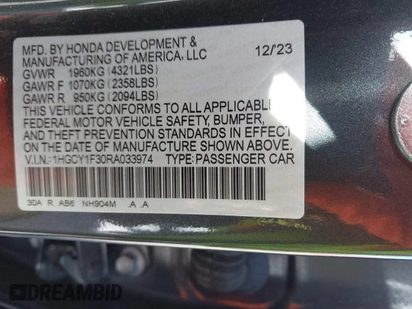2024 Honda Accord EX с VIN 1HGCY1F30RA033974, выставлен на аукционе IAAI как лот 41997178 с пробегом 10 906 миль миль и . История ставок и продаж доступна на DreamBid. Изображение 9.