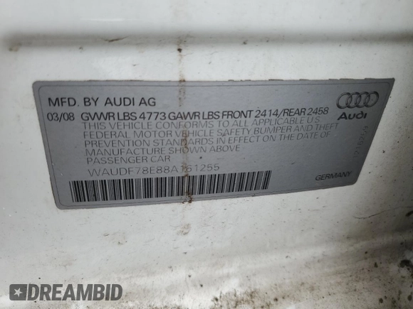 2008 Audi A4 2.0T с VIN WAUDF78E88A161255, выставлен на аукционе Copart как лот 57172665 с пробегом 154 306 миль миль и Списание • Salvage title. История ставок и продаж доступна на DreamBid. Изображение 12.
