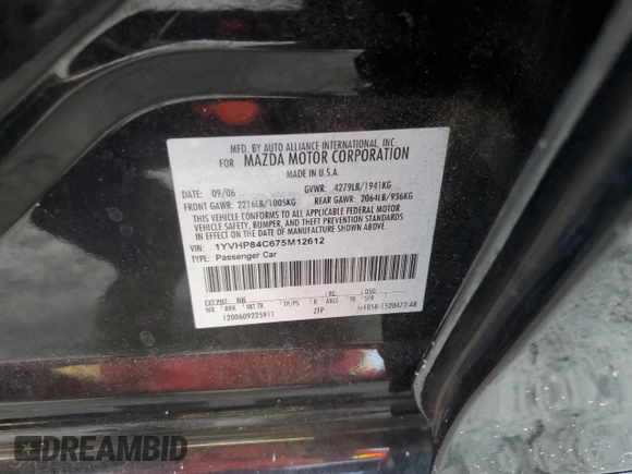 2007 Mazda 6 i Sport VE with VIN 1YVHP84C675M12612, listed as a Copart auction lot 87363974 with 169,934 mi miles and Salvage Title. Bid and sale history available at DreamBid. Image 12.