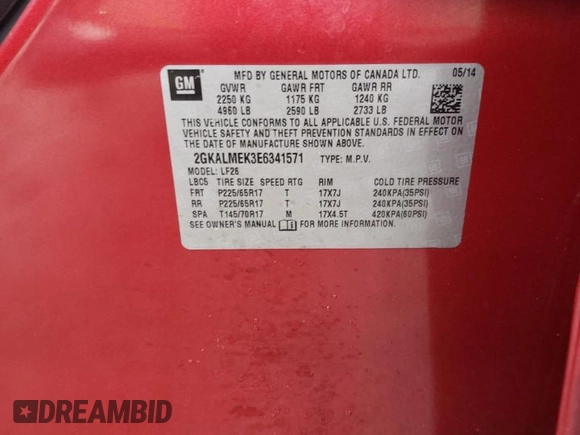 2014 GMC Terrain SLE with VIN 2GKALMEK3E6341571, listed as a Copart auction lot 51770815 with 146,508 mi miles and Salvage Title. Bid and sale history available at carsss.com. Image 13.