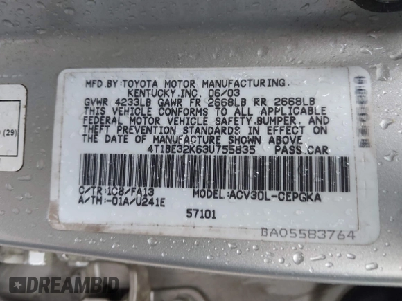 2003 Toyota Camry LE with VIN 4T1BE32K63U755835, listed as a IAAI auction lot 41976402 with 215,788 mi miles and . Bid and sale history available at DreamBid. Image 9.