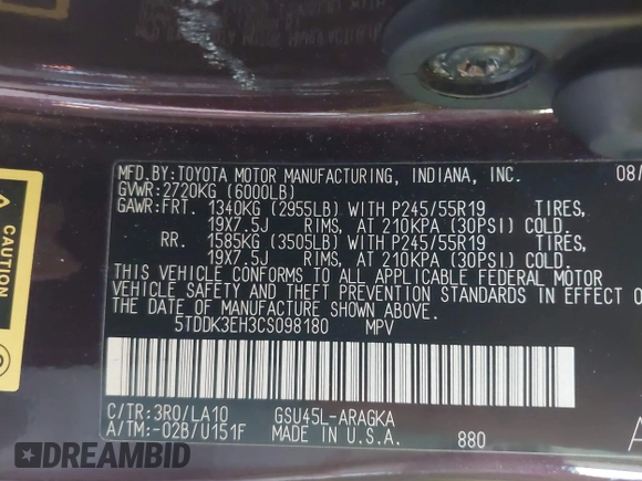 2012 Toyota Highlander Limited with VIN 5TDDK3EH3CS098180, listed as a IAAI auction lot 42474499 with 234,346 mi miles and . Bid and sale history available at DreamBid. Image 9.