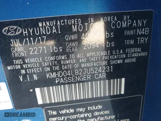 2018 Hyundai Elantra Sport with VIN KMHD04LB2JU524231, listed as a IAAI auction lot 41615649 with 58,889 mi miles. Bid and sale history available at carsss.com. Image 9.