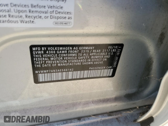 2010 Volkswagen CC Sport with VIN WVWMP7AN3AE566142, listed as a Copart auction lot 78875424 with 94,514 mi miles and Salvage Title. Bid and sale history available at DreamBid. Image 13.