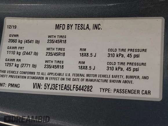 2020 Tesla Model 3 Standard Range Plus with VIN 5YJ3E1EA5LF644282, listed as a IAAI auction lot 41710124 with 69,969 mi miles and . Bid and sale history available at DreamBid. Image 9.