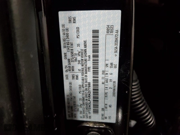 2024 Ford F-150 XLT with VIN 1FTEW3LP1RKD77680, listed as a Copart auction lot 44554285 with 948 mi miles and Salvage Title. Bid and sale history available at carsss.com. Image 12.