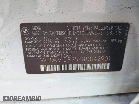 2008 BMW 3 Series 328xi с VIN WBAVC93578K042901, выставлен на аукционе IAAI как лот 42414519 с пробегом 157 959 миль миль и . История ставок и продаж доступна на DreamBid. Изображение 9.