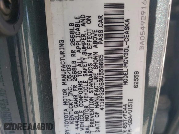 2003 Toyota Camry LE z VIN 4T1BF32K63U559665, wystawiony jako Copart lot #52147645 z przebiegiem 322 212 mil mil oraz Szkoda całkowita • Salvage title. Historia ofert i sprzedaży dostępna na DreamBid. Obrazek 12.