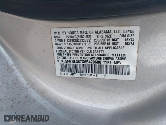 2006 Honda Odyssey EX-L with VIN 5FNRL387X6B429688, listed as a IAAI auction lot 42152841 with 178,806 mi miles and . Bid and sale history available at DreamBid. Image 9.