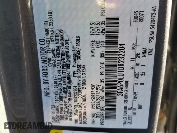 2013 Ford Fusion SE Hybrid with VIN 3FA6P0LU1DR232204, listed as a Copart auction lot 41450515 with 87,616 mi miles and Salvage Title. Bid and sale history available at DreamBid. Image 12.