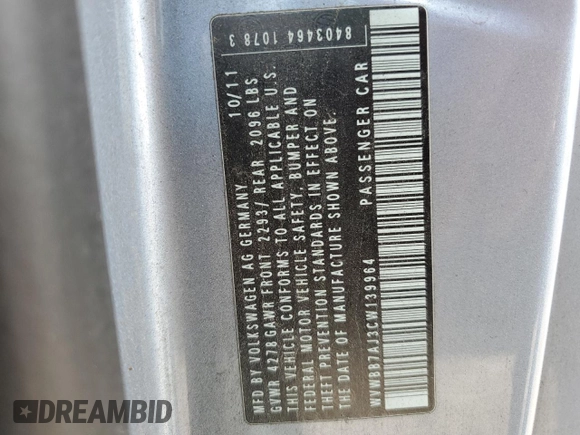 2012 Volkswagen Golf w/Conv & Sunroof with VIN WVWBB7AJ3CW139964, listed as a Copart auction lot 61298795 with 128,891 mi miles and Salvage title. Bid and sale history available at DreamBid. Image 12.