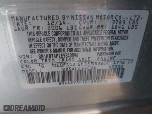 2014 Nissan Sentra SR with VIN 3N1AB7AP7EY340894, listed as a IAAI auction lot 41617237 with 415,000 mi miles and . Bid and sale history available at DreamBid. Image 9.