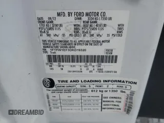 2013 Ford F-150 XL with VIN 1FTFW1EF3DKD19320, listed as a Copart auction lot 57107975 with 258,279 mi miles and Salvage title. Bid and sale history available at DreamBid. Image 12.