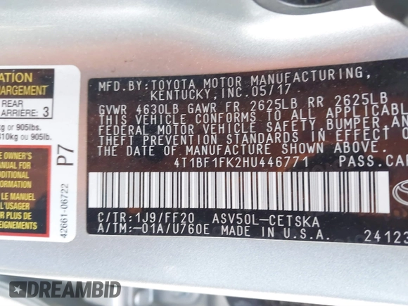 2017 Toyota Camry XLE with VIN 4T1BF1FK2HU446771, listed as a IAAI auction lot 41854261 with 203,960 mi miles. Bid and sale history available at carsss.com. Image 9.