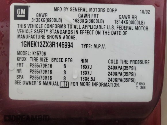 2003 Chevrolet Tahoe LT with VIN 1GNEK13ZX3R146994, listed as a Copart auction lot 73343044 with 179,732 mi miles and Salvage Title. Bid and sale history available at carsss.com. Image 14.