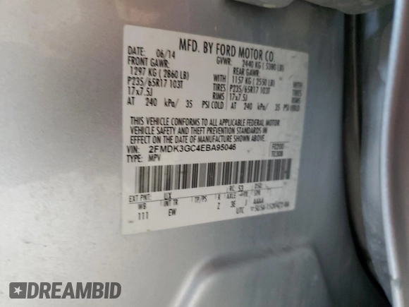 2014 Ford Edge SE with VIN 2FMDK3GC4EBA95046, listed as a Copart auction lot 59674225 with 240,109 mi miles and Clean title. Bid and sale history available at DreamBid. Image 13.