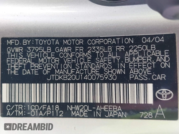 2004 Toyota Prius with VIN JTDKB20U140075930, listed as a IAAI auction lot 41712770 with 219,930 mi miles. Bid and sale history available at carsss.com. Image 9.