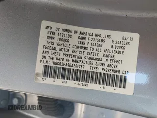 2013 Honda Accord Sdn EX-L with VIN 1HGCR2F89DA206267, listed as a IAAI auction lot 41882372 with Not Provided miles. Bid and sale history available at carsss.com. Image 9.