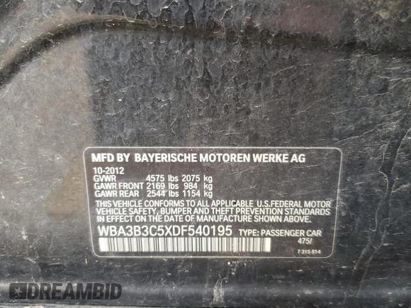 2013 BMW 3 Series 328i xDrive with VIN WBA3B3C5XDF540195, listed as a Copart auction lot 54256315 with 131,015 mi miles and Salvage title. Bid and sale history available at DreamBid. Image 12.