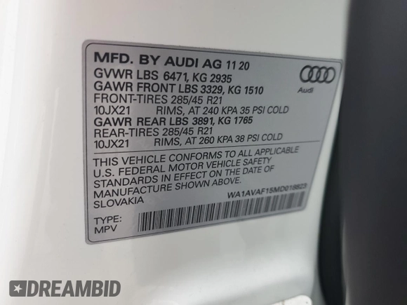 2021 Audi Q8 Premium with VIN WA1AVAF15MD018823, listed as a Copart auction lot 45412314 with 19,713 mi miles and Clean Title. Bid and sale history available at carsss.com. Image 13.