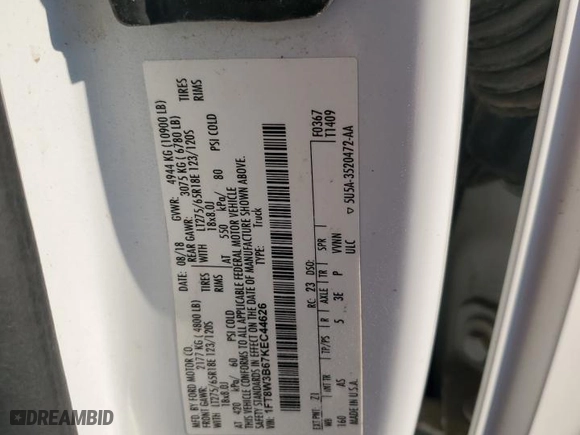 2019 Ford Super Duty F-350 SRW XL with VIN 1FT8W3B67KEC44626, listed as a Copart auction lot 48125605 with NaN miles and Salvage Title. Bid and sale history available at carsss.com. Image 12.