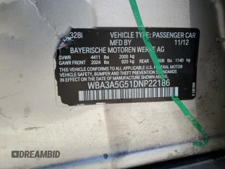 2013 BMW 3 Series 328i with VIN WBA3A5G51DNP22186, listed as a Copart auction lot 62760595 with 133,531 mi miles and Salvage title. Bid and sale history available at DreamBid. Image 12.