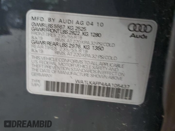 2010 Audi Q5 Premium Plus with VIN WA1LKAFP4AA105437, listed as a Copart auction lot 47547255 with 180,122 mi miles and Salvage title. Bid and sale history available at DreamBid. Image 13.